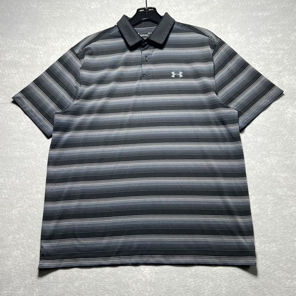 Under Armour Shirt Mens Size Large Gray Striped Short Sleeve Polo Shirt Collared - Picture 1 of 15